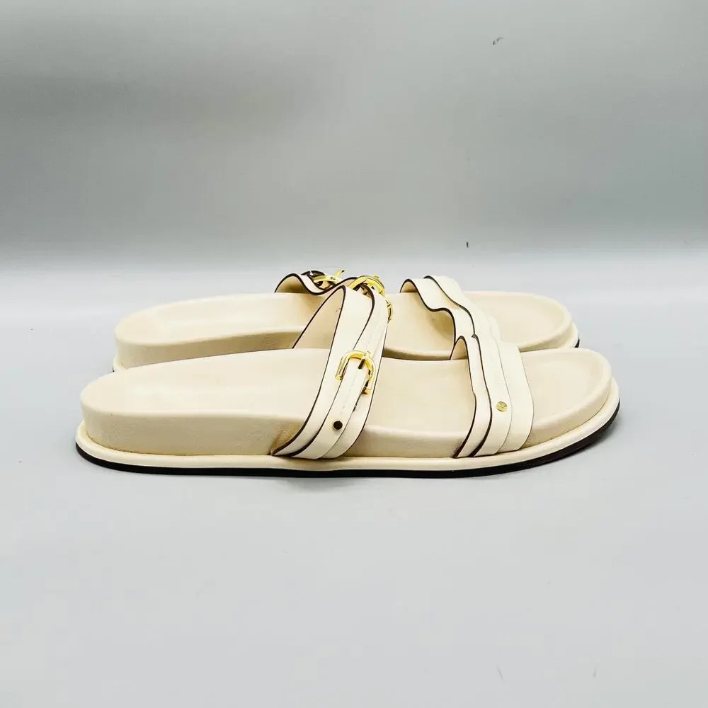 Zara Sandals Womens 9 Off White Synthetic Strappy Buckle Slide Flat Shoes